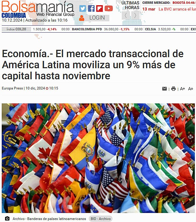 Economa.- El mercado transaccional de Amrica Latina moviliza un 9% ms de capital hasta noviembre